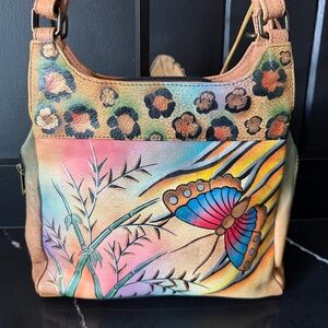 Anuschka Hand-Painted Leather Bag & Wallet Set – Butterfly & Leopard Print